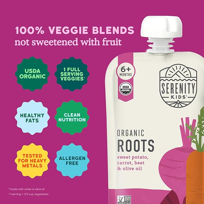 Serenity Kids 6+ Months Veggie Puree Baby Food Pouches - USDA Organic - No Sugary Fruits or Added Sugar - Allergen Free - 3.5 Ounce BPA-Free Packaging - Baby Food Pouch