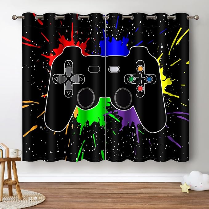 Jekeno Game Controller Blackout Curtains for Kids Boys Teens Bedroom Colorful Video Game Gamer Gaming Gamepad Decor for Home Living Room Grommet Window Drapes 2 Panel Set, 42"x54"