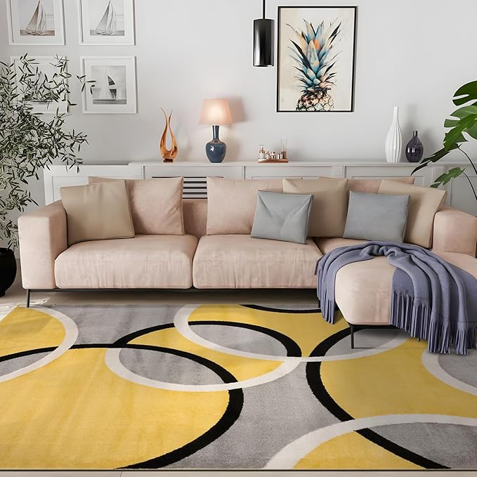 Rugshop Contemporary Abstract Circles Easy Maintenance for Home Office,Living Room,Bedroom,Kitchen Soft Area Rug 6'6" x 9' Yellow