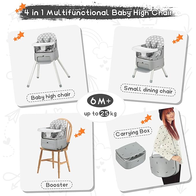 4 in 1 Portable Baby High Chair,Convertible Highchair for Babies & Toddlers-Foldable Infant Booster Seat,Carry Small Box,Dining Chair,Toddler High Chair with 5-Point Harness,Removable Tray-Grey