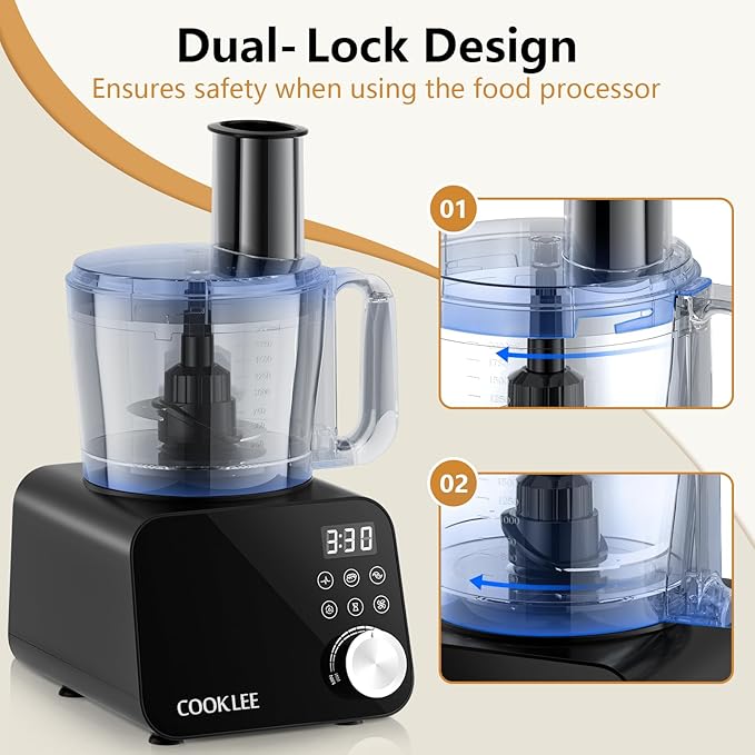 COOKLEE Food Processor, 600 Watts, 6 Functions Electric Food Chopper for Chopping, Mincing, Dicing, Shredding, Slicing, Purees & Dough with 12cup Processor Bowl, Food Chute & Pusher, Black