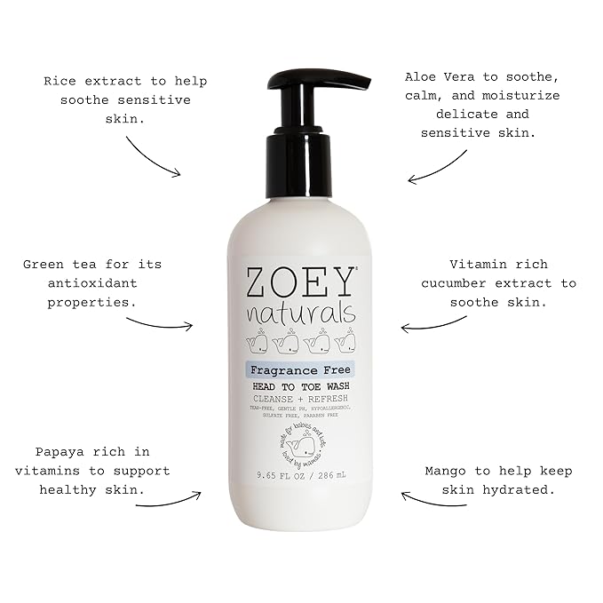 Zoey Naturals Fragrance-Free Head to Toe Baby & Toddler Wash – Tear-Free Body Wash and Shampoo with Gentle pH for Sensitive Skin – 9.65 oz
