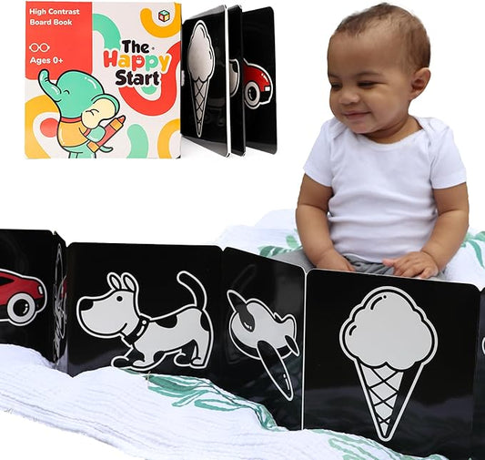 Happy Start Award-Winning High Contrast Board Book - Newborn Black & White Baby Cards, Easy to Clean, Hospital Approved, Stands on Its Own, Tummy Time Toy, Ages 0+ (English)