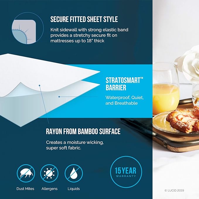 LUCID Premium Rayon from Bamboo Jersey Mattress Protector - Ultra Soft - Waterproof -White Twin