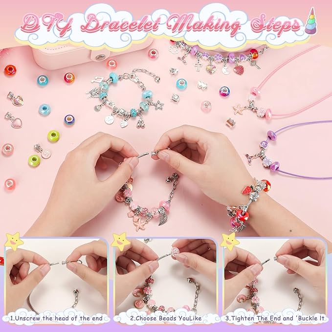 Girls Charm Bracelet Making Kit with Jewelry Case for Kids Charm Pendant Bracelet Kit DIY Jewelry Making Art & Craft for Kids Age 8-12 Birthday Gifts Valentine Christmas