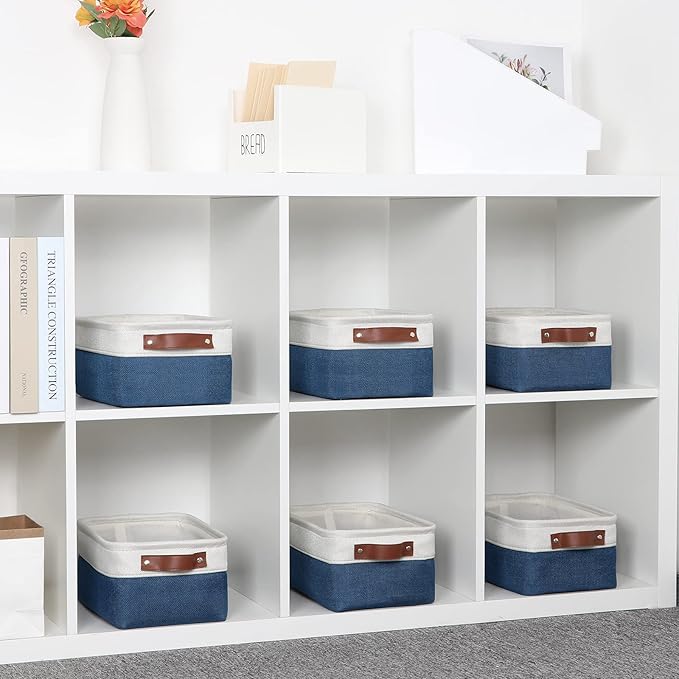 DULLEMELO Set of 6 Small Baskets for Organizing, Small Fabric Storage Bins for Toys Storage, Collapsible Storage Bins with Leather Handles for Shelves, Closets, Laundry, Nursery(White&Blue)
