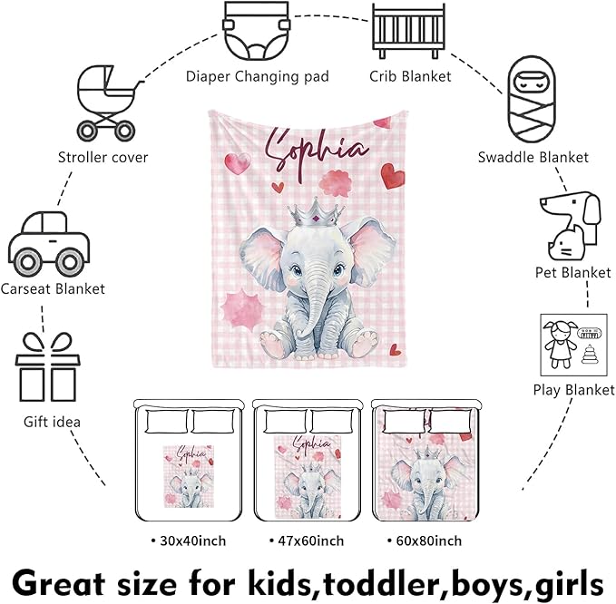 Custom Nursery Crib Bedding Set: Personalized Name 4 Piece Pink Checkered Elephant Pattern Baby Crib Sets for Girls - Toddler Double Layer Blanket Set, Comfortable Crib Bed Sheets for Baby Toddlers