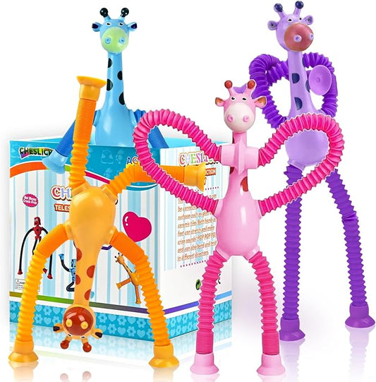 Giraffe Sensory Toys 4Pcs Gift for Toddlers Girls Year Old Ages 3 4 5 6 7 8 9 10, Suction Autism Toy Pop Tube Fidget Toys Autistic Travel Toys Stocking Easter Basket Stuffer Valentine Gift for Kids