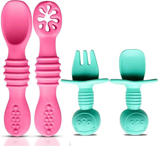 4pc Silicone Baby Spoons Self Feeding Baby Utensils 6-12 Months - 3 Baby Spoon - 1 Baby Fork - Toddler Cutlery Set - BPA Free, Dishwasher Safe - Baby Eating Essentials (Pink/Blue)
