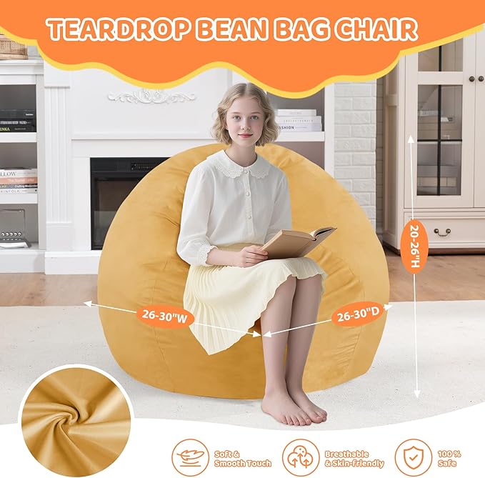 2FT Bean Bag Chair, Comfy Bean Bag Chairs with Memory Foam Filled, Fluffy Beanbag Sofa with Dutch Velvet Cover, Teardrop BeanBag Chairs for Living Room, Playroom - Mustard