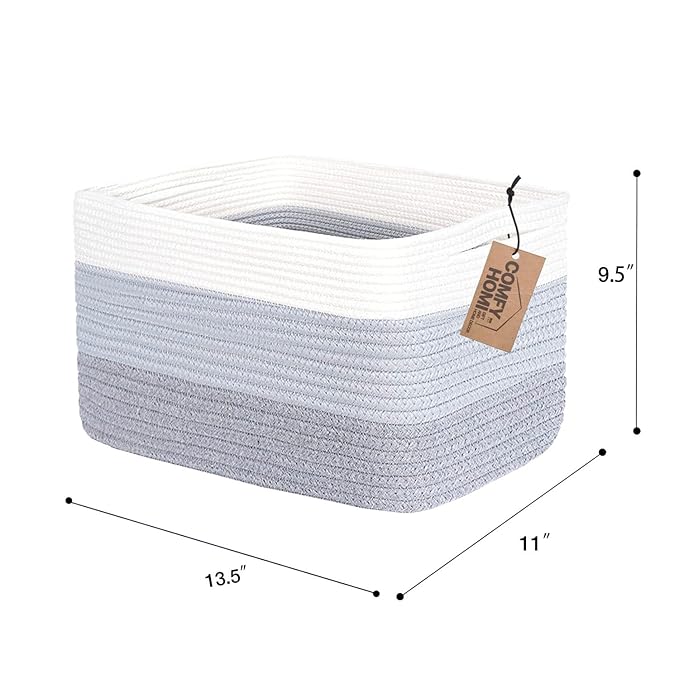COMFY-HOMI 3PACK Cotton Rope Woven Basket With Handles for Shelves, Toy, Book, Cloth Storage Basket for Organizing|13.5" x 11" x 9.5" Decorative Nursery Cube Bin for Living Room（White / 3-Tone Grey）