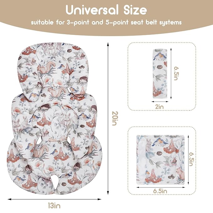 Infant Car Seat Insert, Car Seat Head Support Baby Girls Boys, Soft & Reversible Newborn Carseat Insert Cushion with 2 Strap Covers, for Stroller, Swing, Bouncer (Gray Animals)