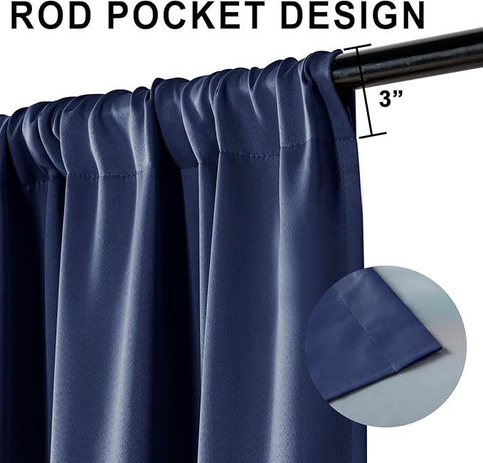 XWZO 100% Blackout Curtains 63 Inches Long with Tiebacks- 2 Layers Full Light Blocking and Thermal Insulated Black Liner Rod Pocket Curtains for Bedroom/Living Room, Navy Blue, W42 x L63, Set of 2