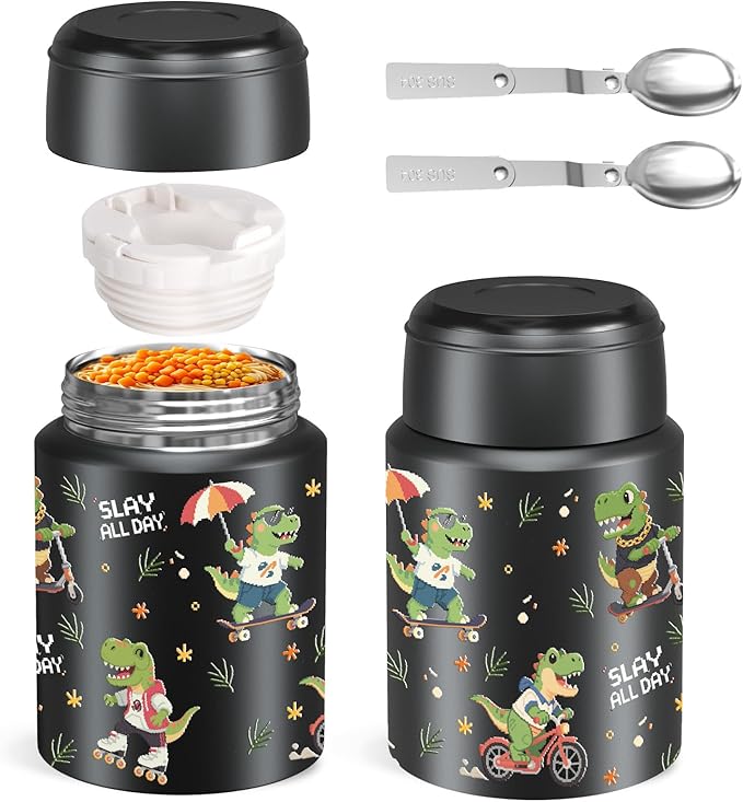 2-Pack Stainless Steel Vacuum Insulated Food Jar with Spoon, Soup Thermo Hot & Cold for Kids & Adults, Leakproof Insulated Lunch Containers with Carry Bag, 17oz.(Black-Dinosaur)