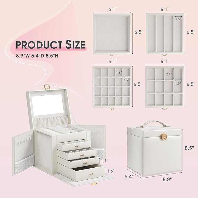 5-Layer Jewelry Box with 4 Drawers, Huge Portable Jewelry Organizer with Lock and Mirror for Women, for Necklace Ring Earring Bracelet Storage, Lockable Jewelry Case, White