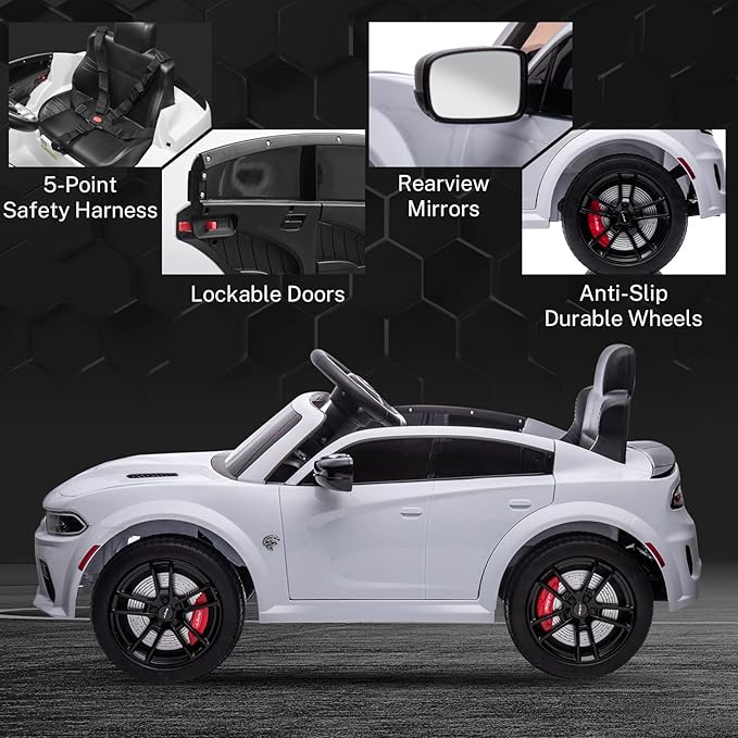 12V 7Ah Kids Electric Ride on Car, Licensed Dodge Charger SRT Hellcat, Battery Powered 4-Wheels Toy Car Electric Vehicle for Kids with Remote Control, 3 Speeds, LED Lights, Music (White)