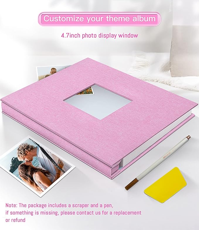 popotop Photo Album Self Adhesive with Picture Display Window,40 Pages DIY Scrapbooking Supplies Kit for 4x6 10x12 Picture,Linen Cover Memory Book for Baby Wedding, with Scraper and Metallic Pen
