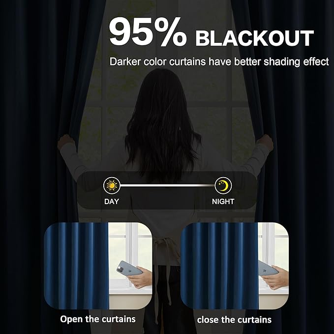 Pinch Pleated Curtains 150 Inches Long 2 Panels Set, Thermal Insulated Blackout Room Darkening Curtain for Bedroom,Window Draperies with Hooks(Navy Blue,40x150-inch)