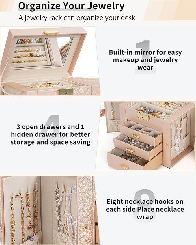 AKOZLIN 4-Tier Jewelry Box Leather Jewelry Storage Organizer with 3 Drawers Lockable for Women Girls Ring Necklace Earring Bracelet Holder with Mirror Champagne