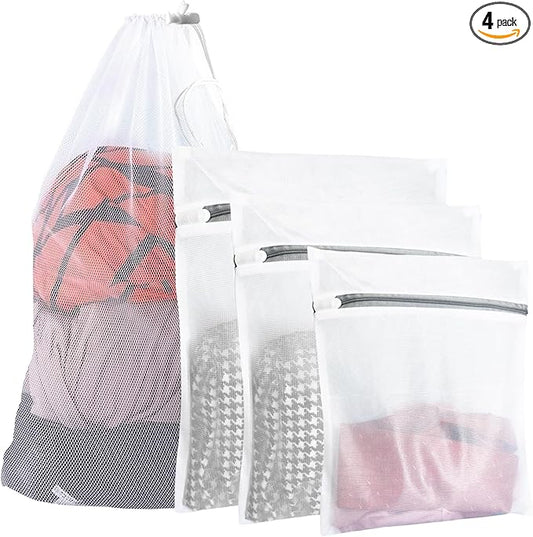 4Pcs Mesh Laundry Bags, Heavy Duty Laundry Bag, Durable Delicate Laundry Bag for College, Dorm, Travel, Family And Apartment Dwellers, (1small, 1medium, 1large, 1xx-Large) White