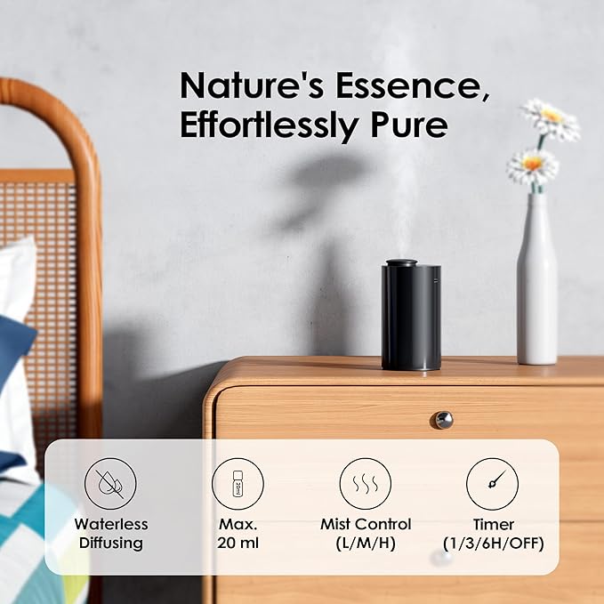 Waterless Diffuser for Essential Oil, Battery Operated Nebulizer, 0.7 Fl.Oz./ 20mL Capacity, Mini Scent Air Machine, 3 Countdown Timers & 3 Mist Levels for Home, Room, Car, Office - AN6 Black