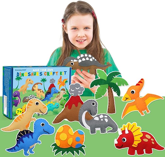 CiyvoLyeen Dinosaur Sewing Craft Kit DIY Kids Craft and Sew Set for Girls and Boys Educational Beginners Sewing Stuffed Animal Felt Plush Ornaments Set of 14 Sewing Kits for Kids Age 8 9 10 11 12