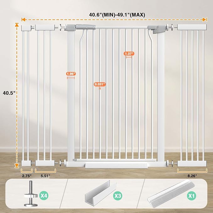 40.5" Extra Tall Baby Gate for Stairs, 40.6"-49.1" Extra Wide Dog Pet Gate Indoor, Pressure Mounted Safety First Baby Gate, No Drill Puppy Tall Gate for Doorways Walk Through House, White