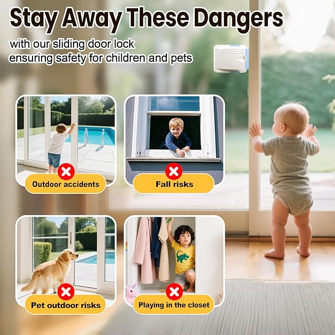 Sliding Door Lock 4 Pack, Child Safety Lock For Sliding Glass Doors, Easy To Install, Keeps Your Baby Out Of Danger, For Sliding Glass Doors, Sliding Windows, Sliding Closets, Etc (Blue)