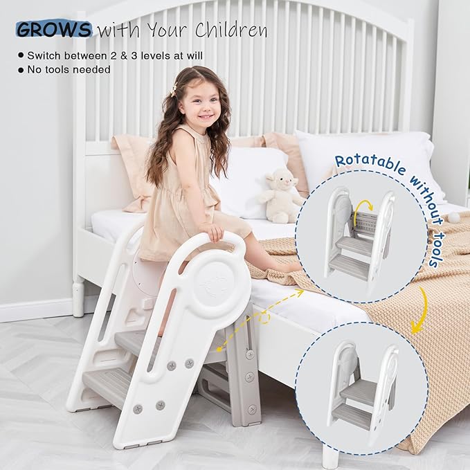 Foldable Toddler Step Stool for Bathroom Sink, Adjustable Kids 3 or 2 Step Stool for Toddlers Bathroom Toilet Potty, Plastic Baby Girl Child Stepping Stool with Handle Rail for Kitchen Counter