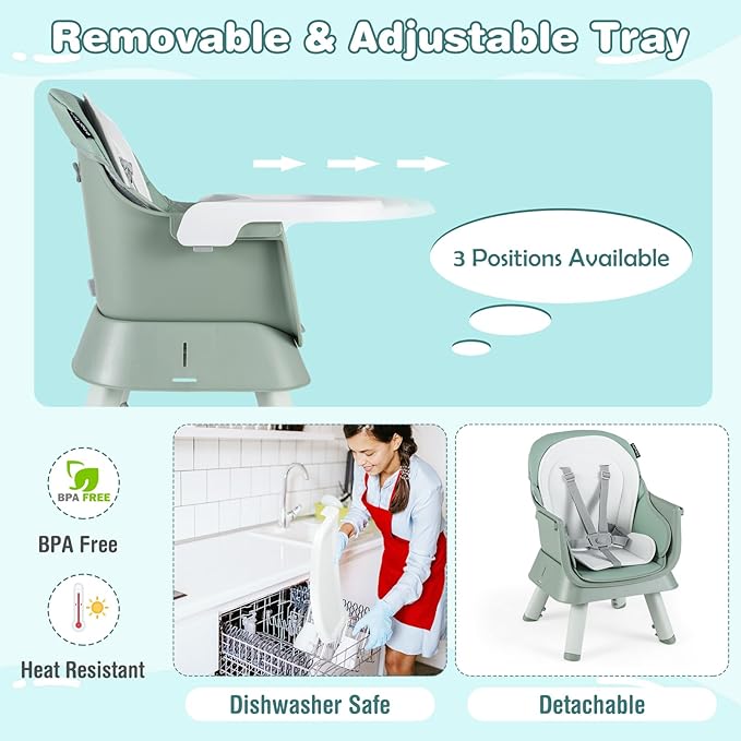 HONEY JOY 8 in 1 Baby High Chair, Convertible Highchair for Babies and Toddlers/Table and Chair Set/Building Block Table/Booster Seat/Stool/Toddler Chair with Safety Harness (Green)