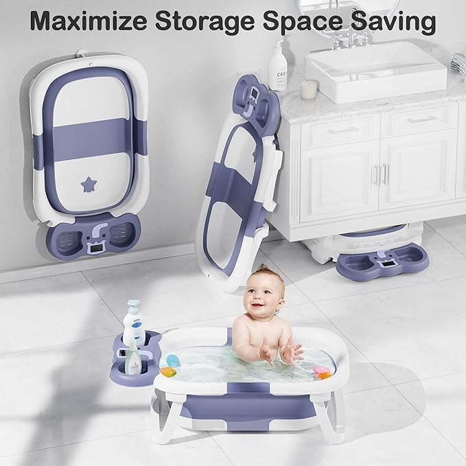 Collapsible Baby Bathtub,Baby Bath Tub with Soft Cushion & Thermometer,Baby Bathtub Newborn to Toddler 0-36 Months,Portable Travel Baby Tub