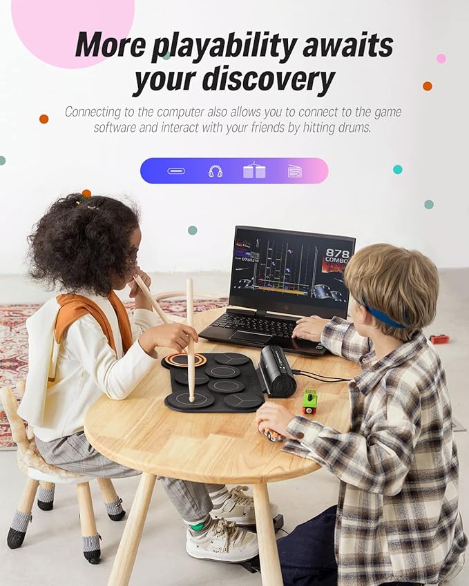 Donner Electronic Drum Set, 7 Pads Electric Drum Pad Roll Up Quiet Drum Pad Built-in Speaker, 40 Drum Lessons Included, Kids Holiday Christmas & Birthday Gift Instrument Toys(DED-20)