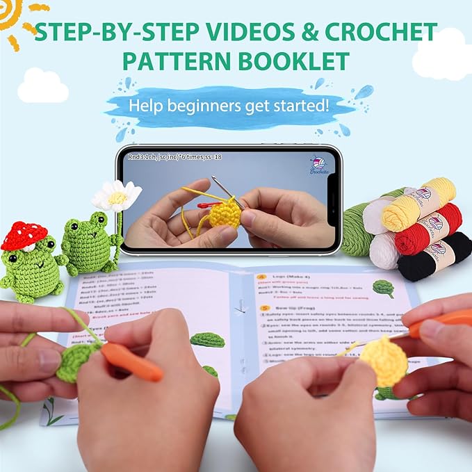 Crochetta Crochet Kit for Beginners, Beginner Crochet Animal Kits for Adults with Step-by-Step Video Tutorials, DIY Knitting & Crocheting Craft Hobbies Supplies, 2 Pack Frog Amigurumi(40%+ Yarn)