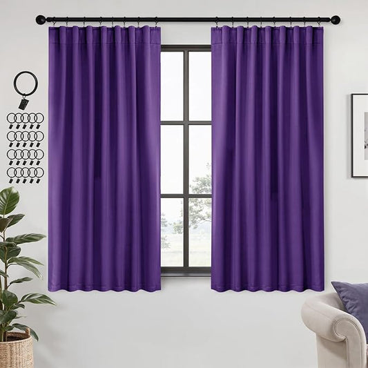 ANRODUO Back Tab Blackout Curtains for Bedroom Living Room, Rod Pocket Pinch Pleated Thermal Insulated Room Darkening Curtains 63 Inches Long 2 Panels, Purple, 42 x 63 Inch