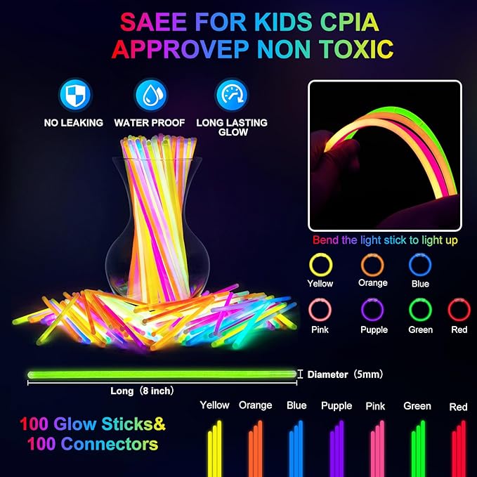 150 PCS Glow in the Dark Party Supplies, 16 Foam Sticks, 16 LED Glasses, 100 Glow Sticks and 18 Finger Lights for Neon Party, Wedding, Birthday, Concert, New Year, Carnivals, Raves
