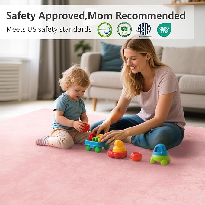 Baby Play Mat for Floor,1.3" Thick Elasti-Foam 50"×74" Playpen Mat for Tummy Time,Water Repellent Soft Coral Velvet for Toddler,Infant,Kids,Non-Slip Backing Safe for Crawling(Pink)