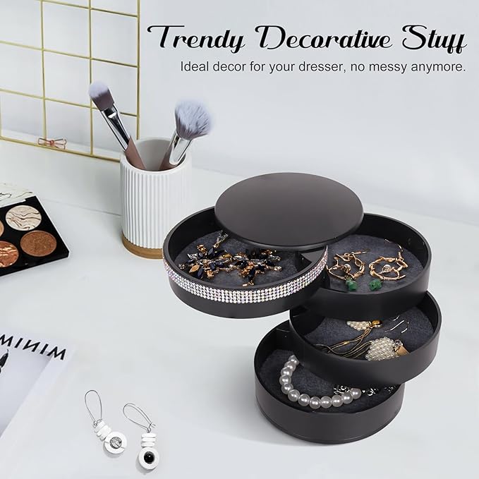 CONBOLA Jewelry Holder Organizer, Christmas Gifts Ideas for Women, Small Jewelry Storage Box Earring Holder, 5-Layer Rotating Jewelry Storage Tray with Lid for Bracelets Rings Bracelets