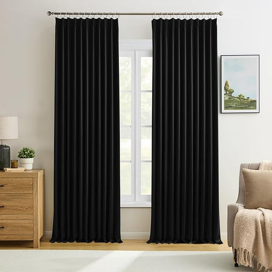 KEQIAOSUOCAI 72 Inch Wide Black Pinch Pleated Curtains 72 x 90, Thermal Insulated Noise Cancelling Living Room Office Drapes 90 Inches Long, Patio Sliding Glass Door Window Curtain 2 Panels