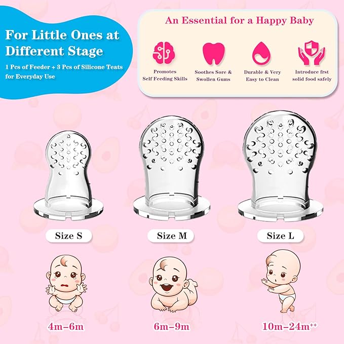 Baby Fruit Food Feeder - Silicone Nibble Tray Combo - Breastmilk Popsicle Mold for Cooling Relief, BPA Free Mesh Feeder for Infant Self Feeding (Claw Pink + Pineapple)