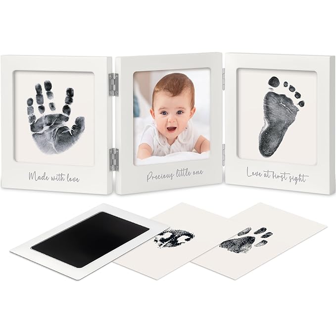 Inkless Baby Handprint and Footprint Kit for Newborn - Baby Footprint Kit, Newborn Keepsake Nursery Picture Frame,Dog Paw Print Maker, Personalized Gifts for New Mom,Showers & Registrys(White/Silver)