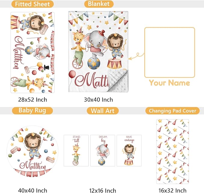 Custom Baby Crib Bedding Set, 5 Pcs Personalized Name Baby Crib Set with Double Layer Blanket, Soft Circus Animals Nursery Bedding Set for Girls Boys, Customized Gifts for Infants Toddlers