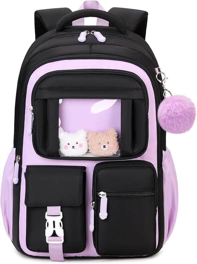 Kids Backpack for Girls School Bags for Middle School Students Book Bag for Elementary Primary Kawaii Ita Backpack, Black and Purple