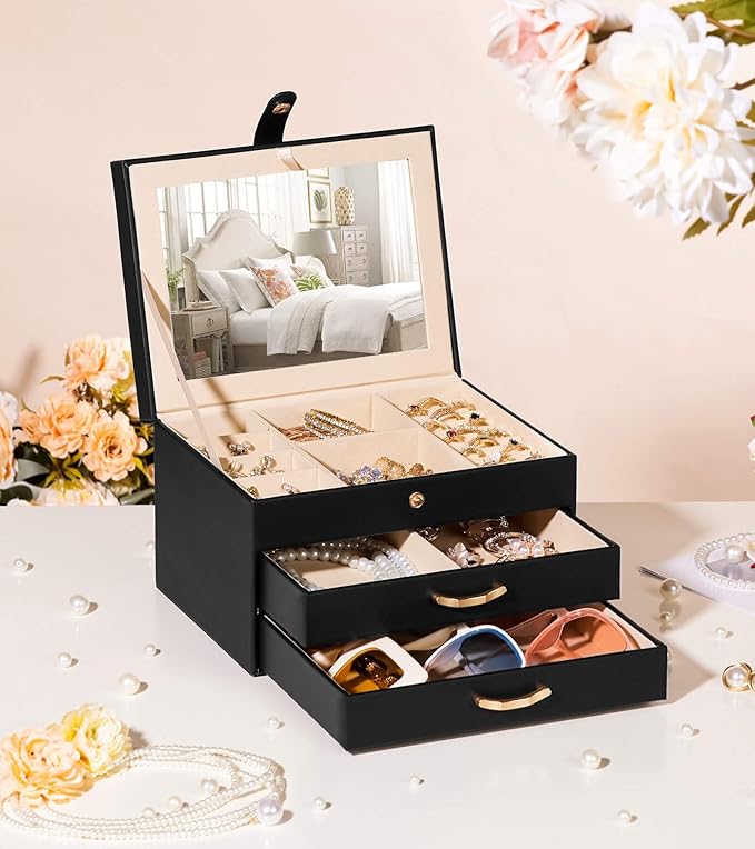 Black Jewelry Box Organizer: Home Decor for Women - 2-Drawer Holder for Valentine’s Day Birthday Christmas Black Grey-Blue