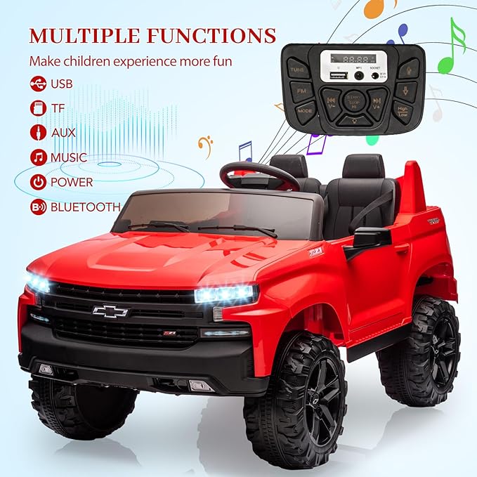 Hetoy 24V 2-Seater Truck Licensed Chevrolet Silverado Ride On Car Toy w/Parent Remote Control,4xSpring Suspension, 3 Speeds, Wireless Music, MP3 Player, Electric Vehicle Car for Kids, Red