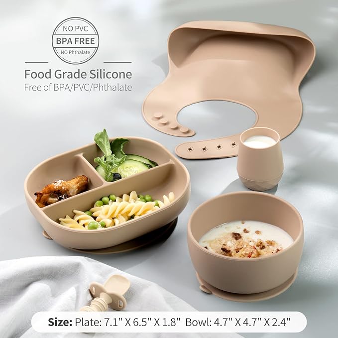 SAMiGO Silicone Baby Feeding Set, Baby Led Weaning Supplies, Suction Bowl Plate Bib Cup Self Feeding Spoons, Solid Food Eating Essentials, First Stage Utensils, 6+ Months