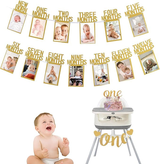 First Birthday Photo Banner Monthly Milestone Photograph Bunting Garland with First Birthday Cake Topper High Chair Banner 1st Birth Decorations