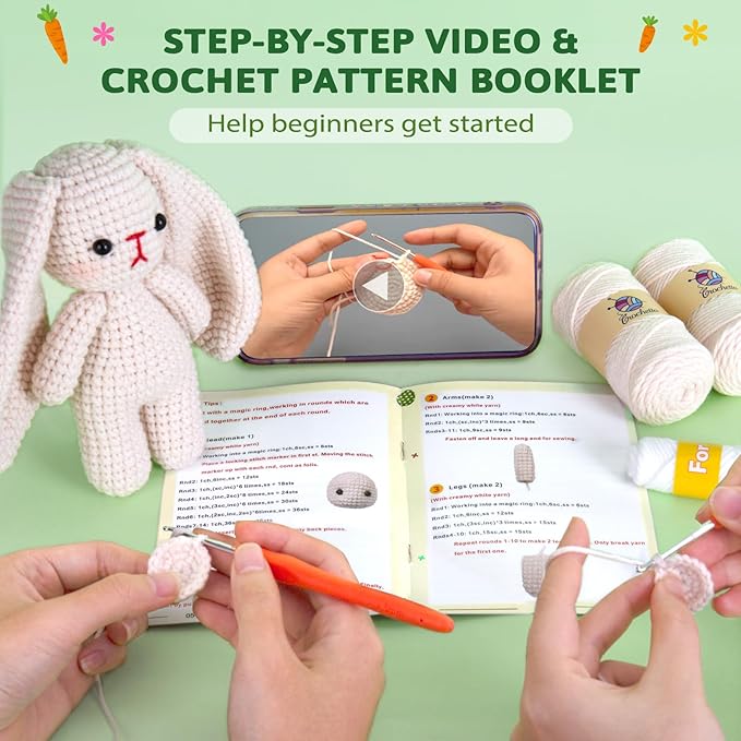 Crochetta Crochet Kit for Beginners, Crochet Starter Kit w Step-by-Step Video Tutorials, Beginner Crochet Kit Knitting Supplies for Adults Kids, Crochet Bunny(40%+ Yarn)
