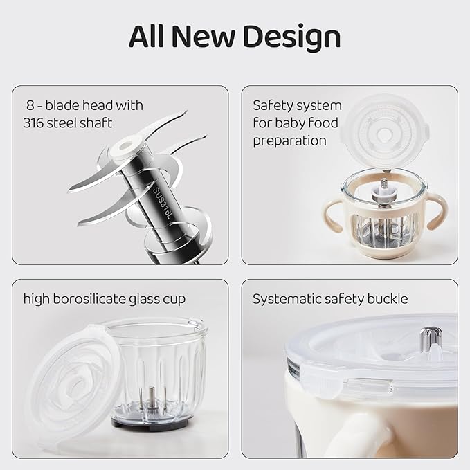 Baby Food Maker-Food Processor, Fruits, Vegetables, Meats, Potatoes, Avocados, Gift Package with A feeding spoon, A bib, A set of 4 separate food ice cube trays, and Two 200ml food storage