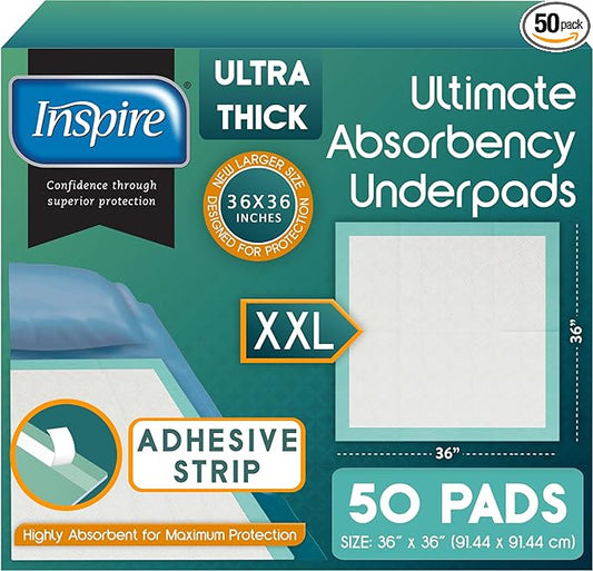 Inspire Extra Large Super Absorbent Disposable Bed Pads for Incontinence Ultra Thick and Absorbent Bed Pads Disposable Adult | Puppy Pads | Pee Pads for Adults (36" X 36" Pack of 50 W/ Adhesive)