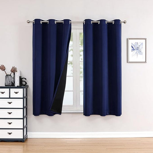 ChrisDowa 100% Blackout Curtains for Bedroom with Black Liner, 2 Thick Layers Total Blackout Thermal Insulated Grommet Small Window Curtains 2 Panels Set (Navy Blue, 42 x 54 Inch)